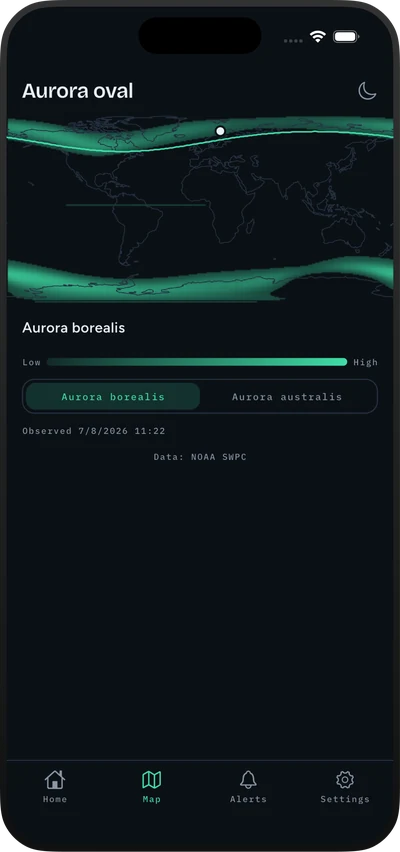 Lumavik auroral oval map showing the modelled aurora position over the northern hemisphere