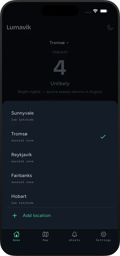 Lumavik detail view with the Kp timeline and solar wind conditions